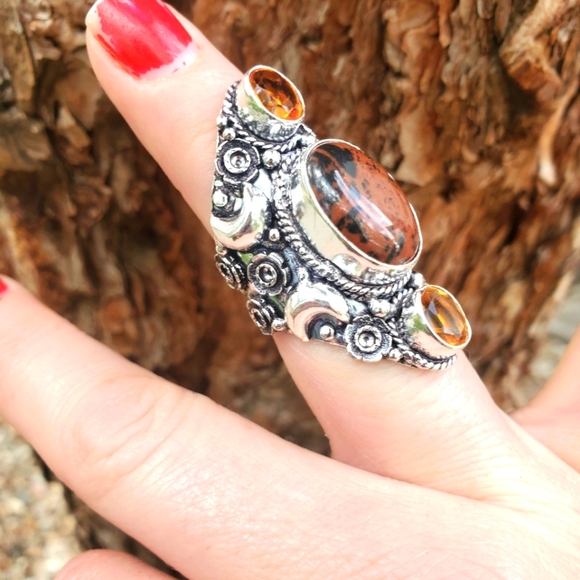 New Witchy Mahogany Obsidian & Citrine 925 Silver Statement Ring. - Picture 2 of 16